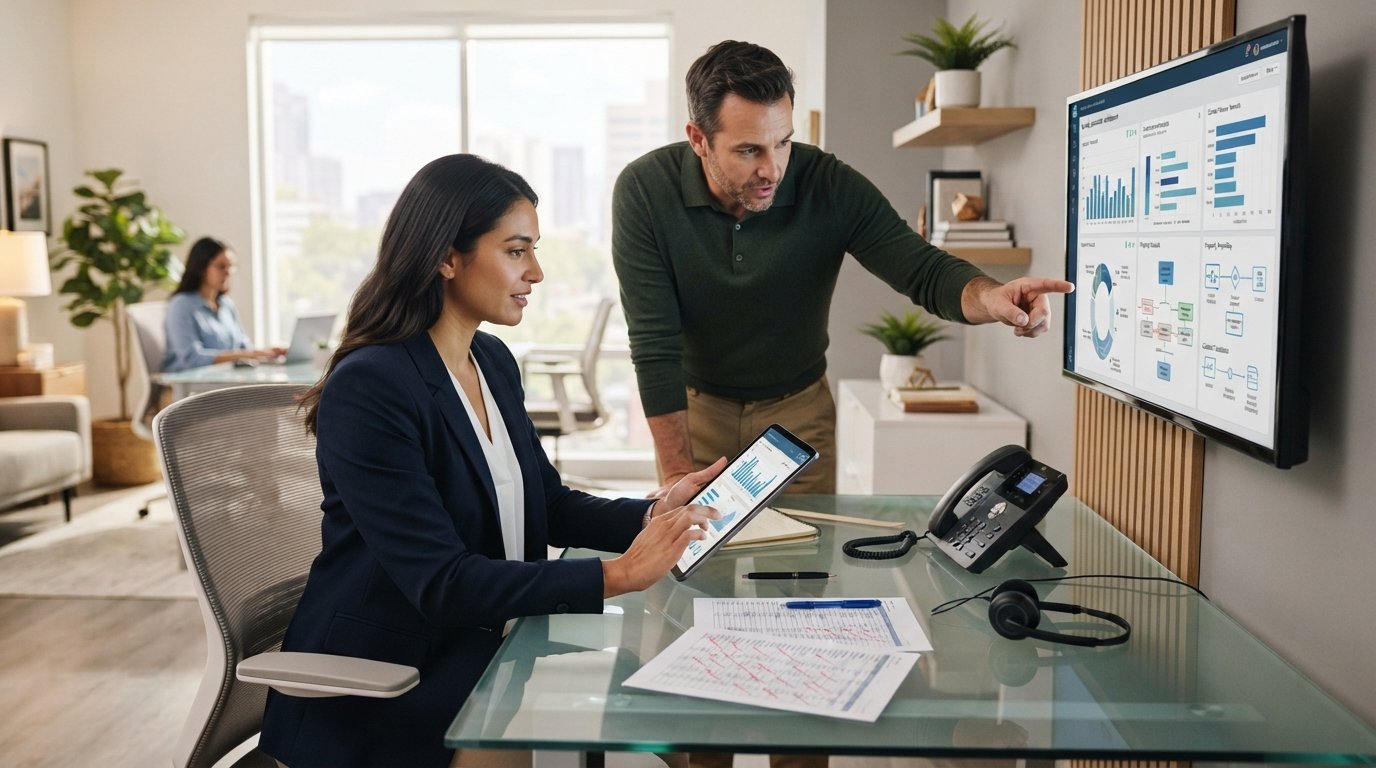 Loan officer in navy blazer reviews lead verification data on a tablet while a colleague points to a quality assurance…