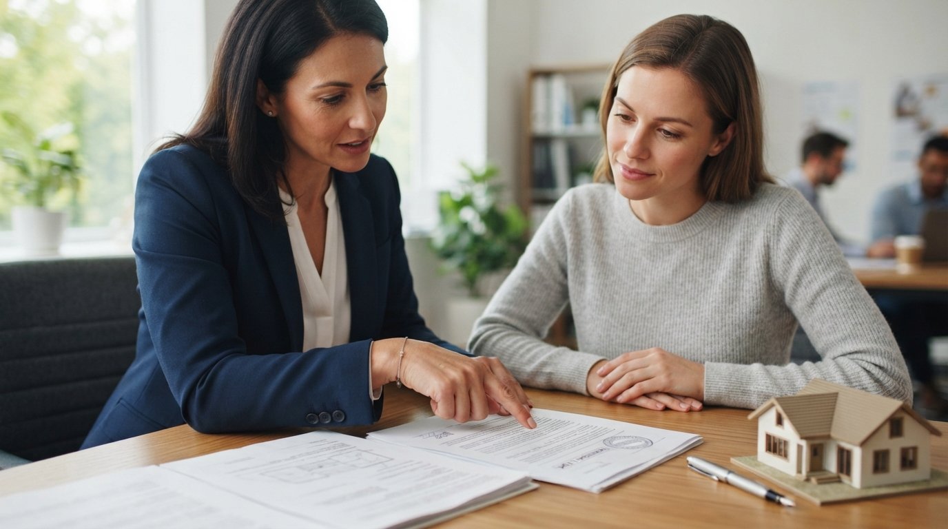 Mortgage advisor in a navy blazer points at a document clause while a homeowner in a light gray sweater looks on, seated at…