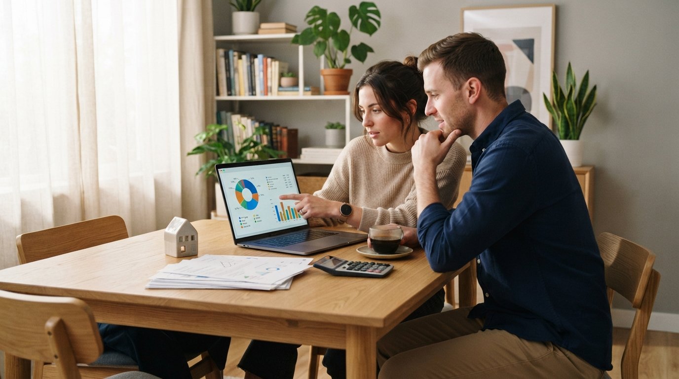 Couple at a light wood table reviewing a laptop showing a pie chart and bar graph of housing costs, with property tax…