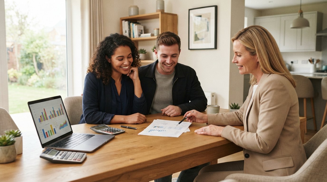 Couple and real estate agent reviewing a mortgage document at a kitchen table with a laptop and calculator