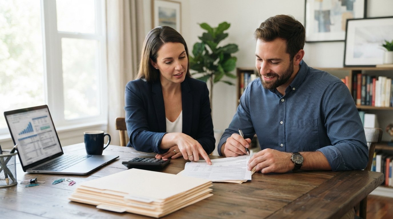 Homebuyer in a button-down shirt reviews mortgage paperwork with a lender at a wooden dining table, laptop and calculator…