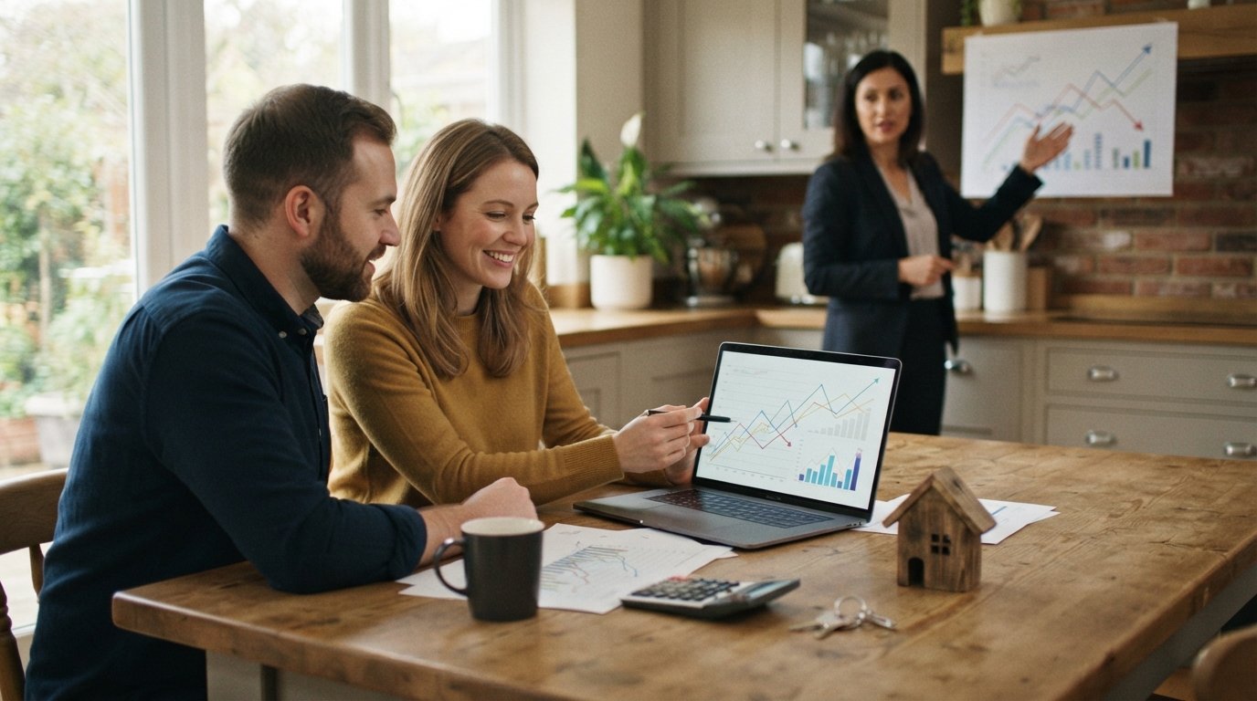 Couple at a kitchen table reviewing mortgage rate charts on a laptop with a calculator, house keys, and a model house…