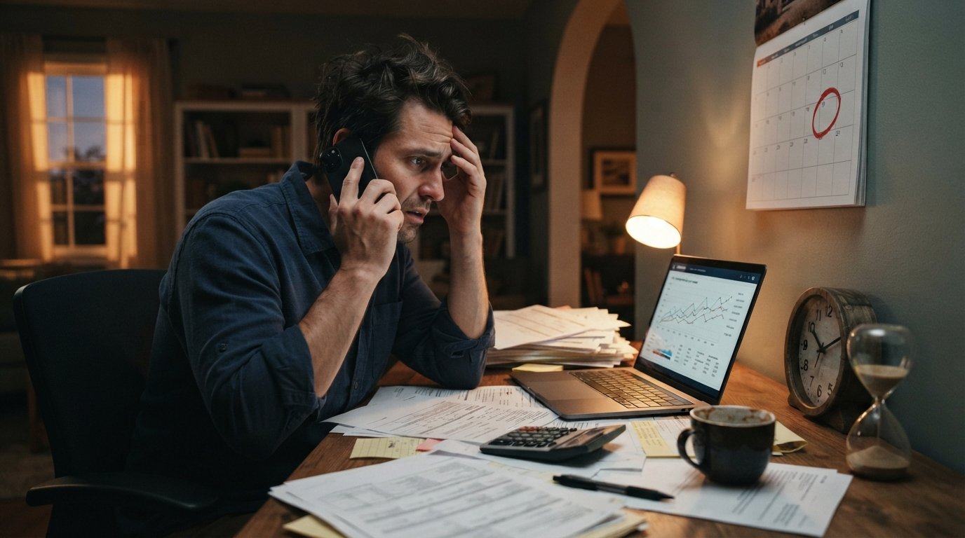 Woman in a button-down shirt holds a phone to her ear at a home office desk, looking at a wall calendar with a circled date…
