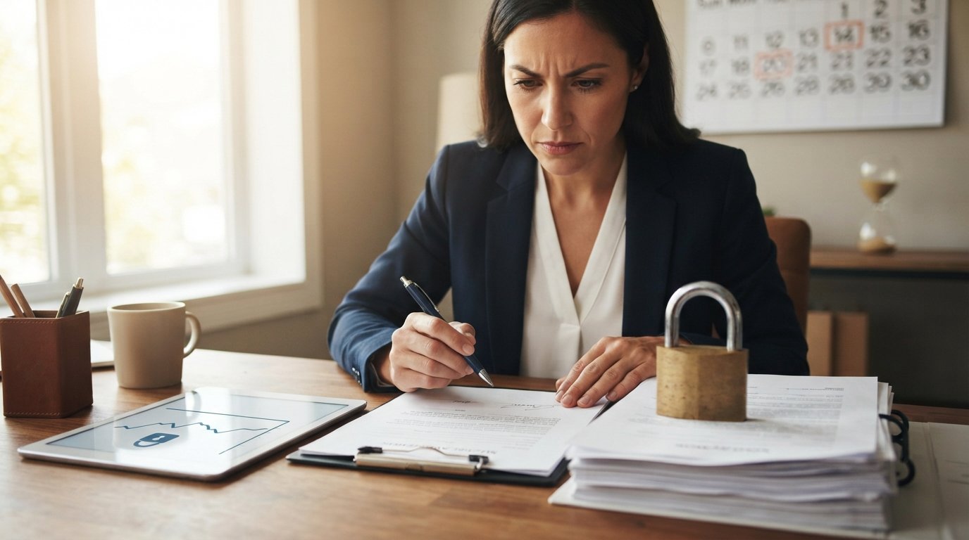 Woman in navy blazer reviews mortgage documents at a desk with a tablet showing a frozen rate graph, a brass padlock, an…