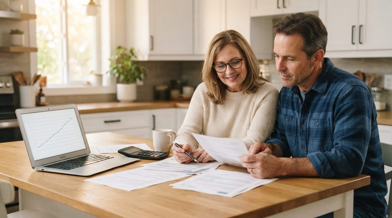 Couple at a kitchen table reviewing refinance paperwork beside a laptop, calculator, pen, and coffee mug in daylight