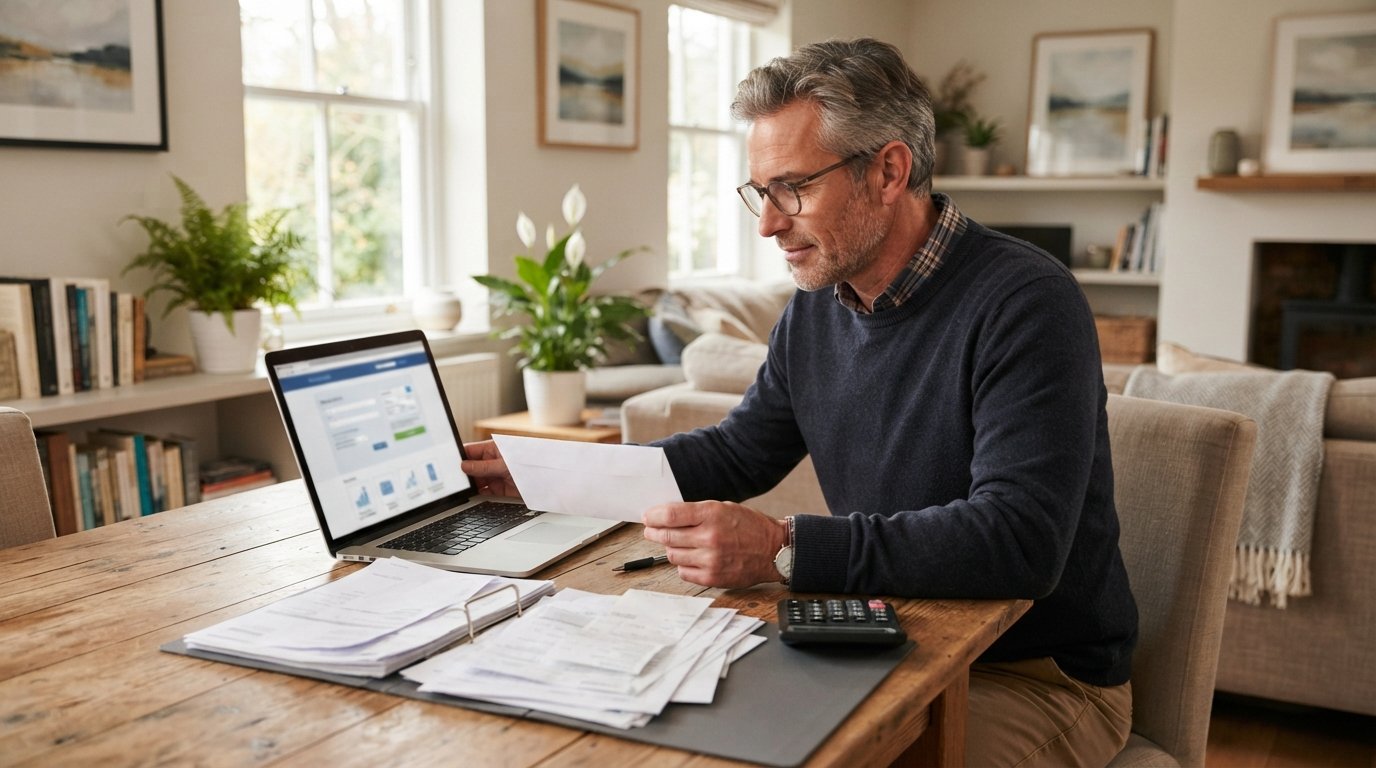 Homeowner in a living room holding mail while checking a mortgage payment portal on a laptop, with financial documents and…