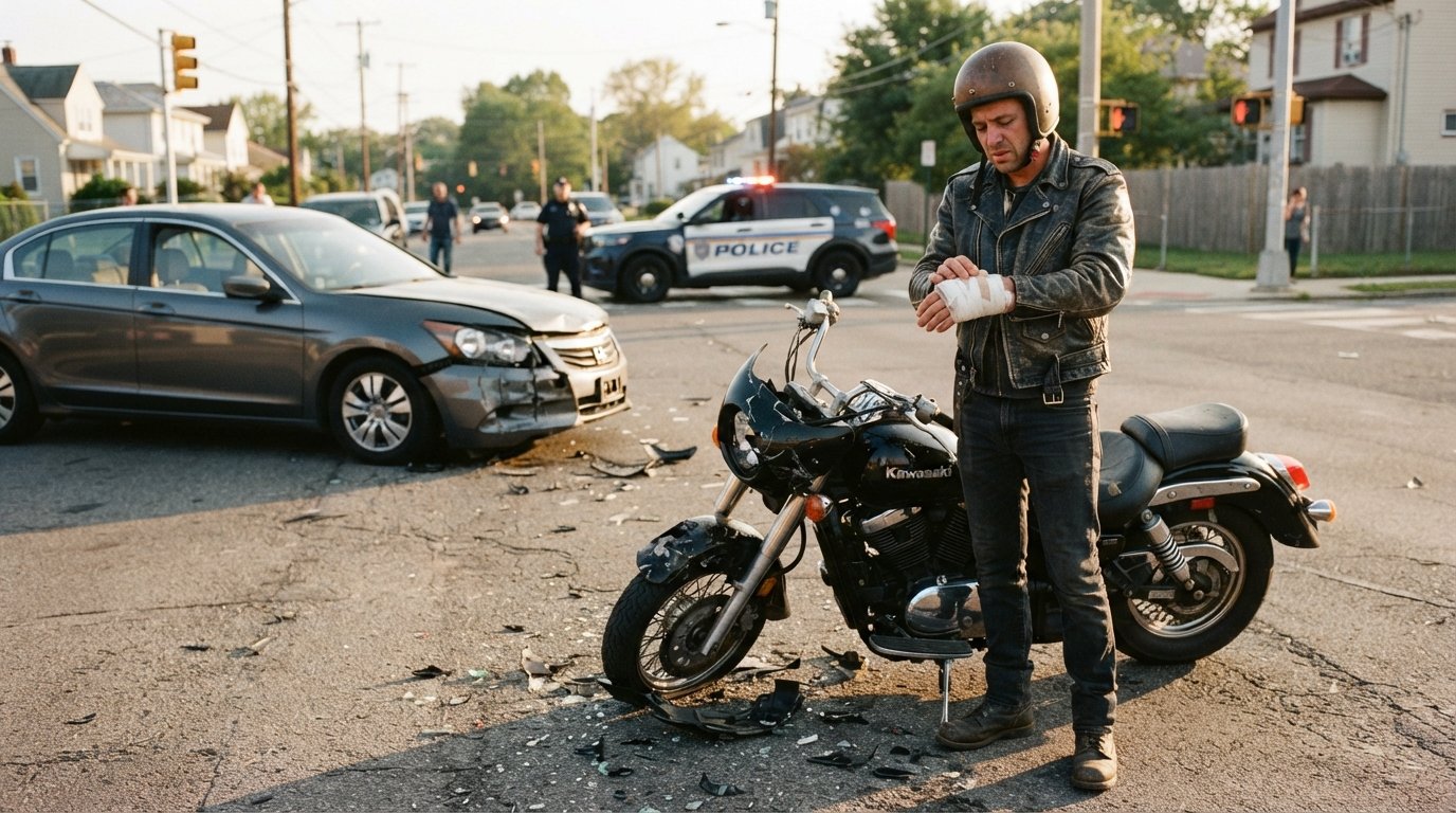 Motorcyclist in leather jacket and open-face helmet examines bandaged wrist beside damaged motorcycle at intersection with…