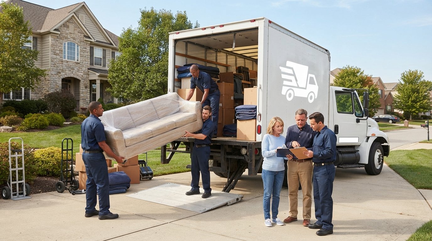 Movers in navy uniforms load a sofa into a white moving truck while a couple checks a clipboard in a sunny driveway