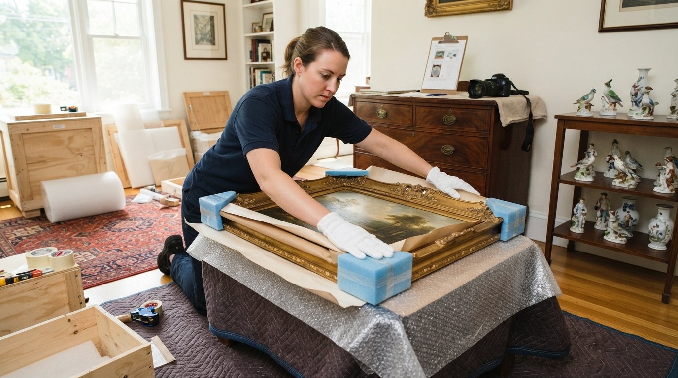 Art handler in white cotton gloves and navy uniform wrapping a large gold-framed oil painting in acid-free paper and bubble…