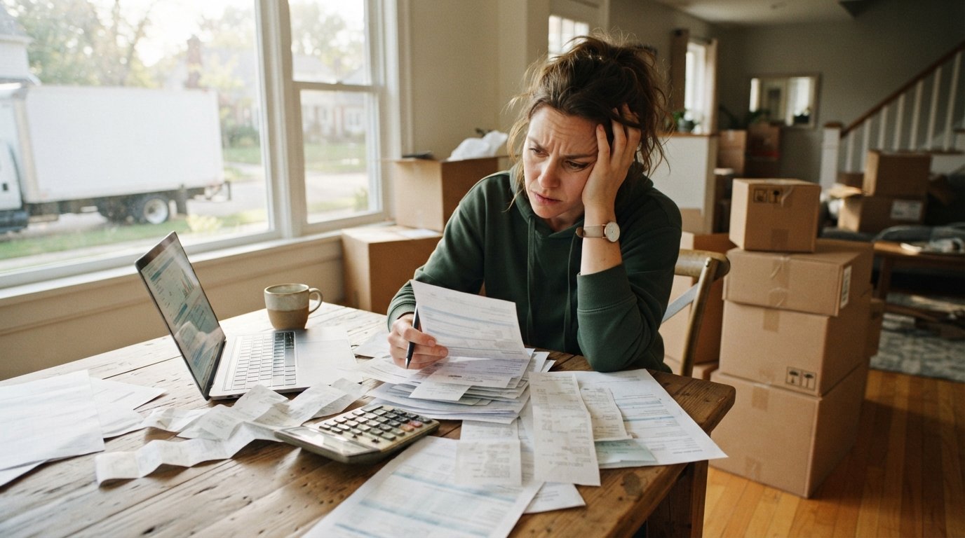 Stressed homeowner at a kitchen table with moving receipts, calculator, laptop, and cardboard boxes, a moving truck visible…