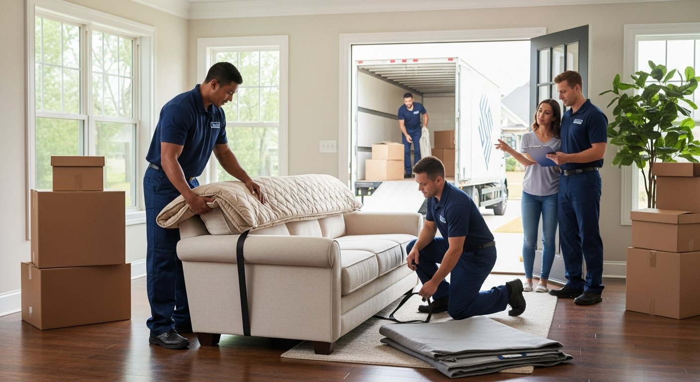 Movers in uniform wrap a sofa with padded blankets in a bright living room as a moving truck waits outside