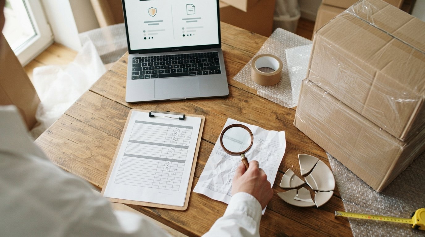 Hand holding magnifying glass over crumpled claim form next to broken plate, clipboard with moving checklist, and stacked…