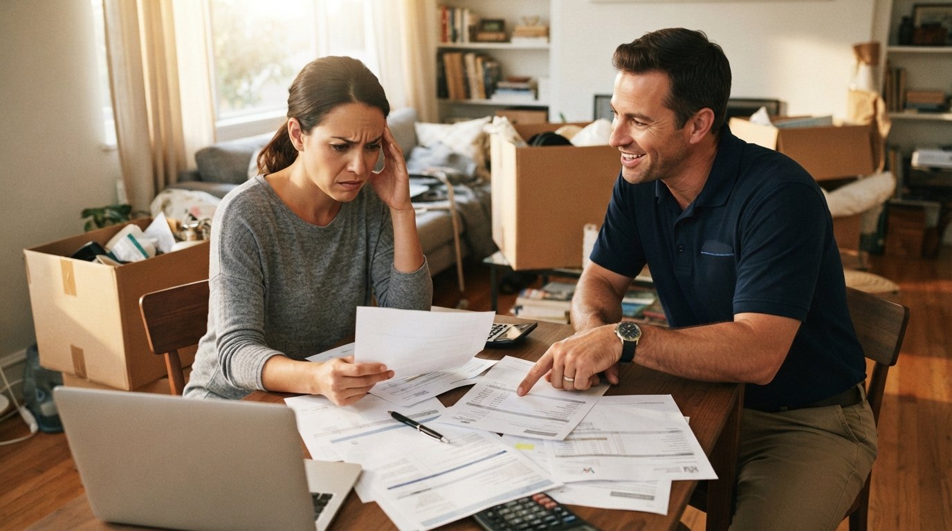 Worried homeowner at a table comparing moving quotes while a contractor points to a low price on an estimate sheet
