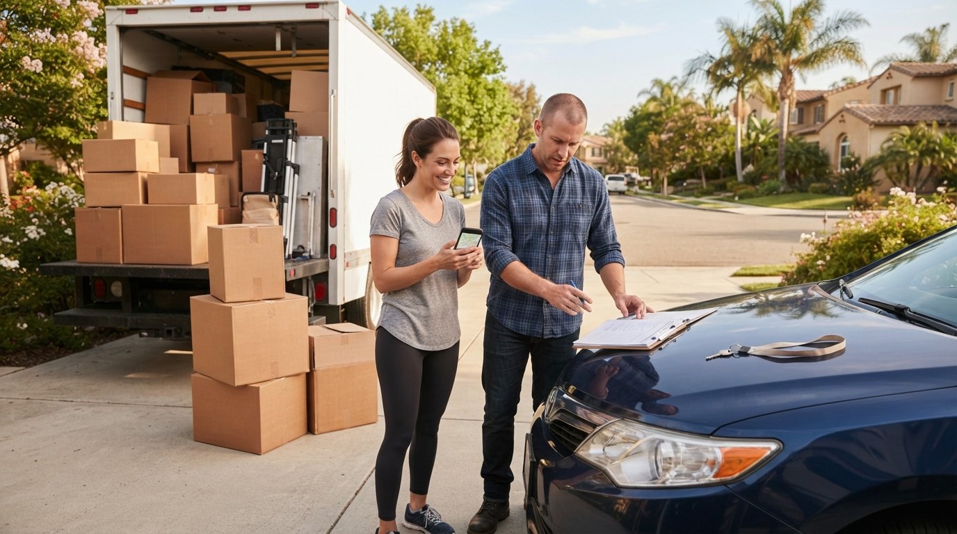 Couple beside a loaded moving truck reviewing a clipboard and smartphone map, with cardboard boxes and car keys on a sedan…