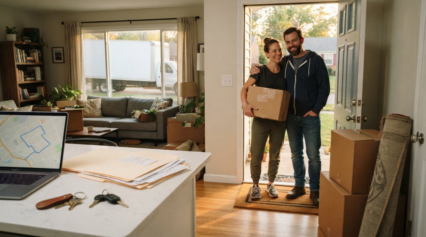 Couple in moving-day clothes stands in a doorway of an unpacked home beside boxes, insurance papers, car keys, and a laptop…