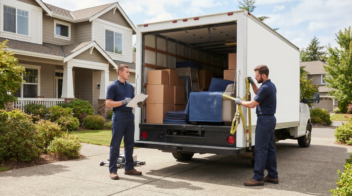 Two movers in navy uniforms load a padded sofa and labeled boxes into a white moving truck in a suburban driveway