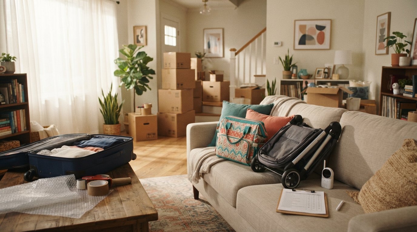 Living room with moving boxes, a folded stroller, diaper bag, baby monitor, and a checklist on a clipboard beside a…