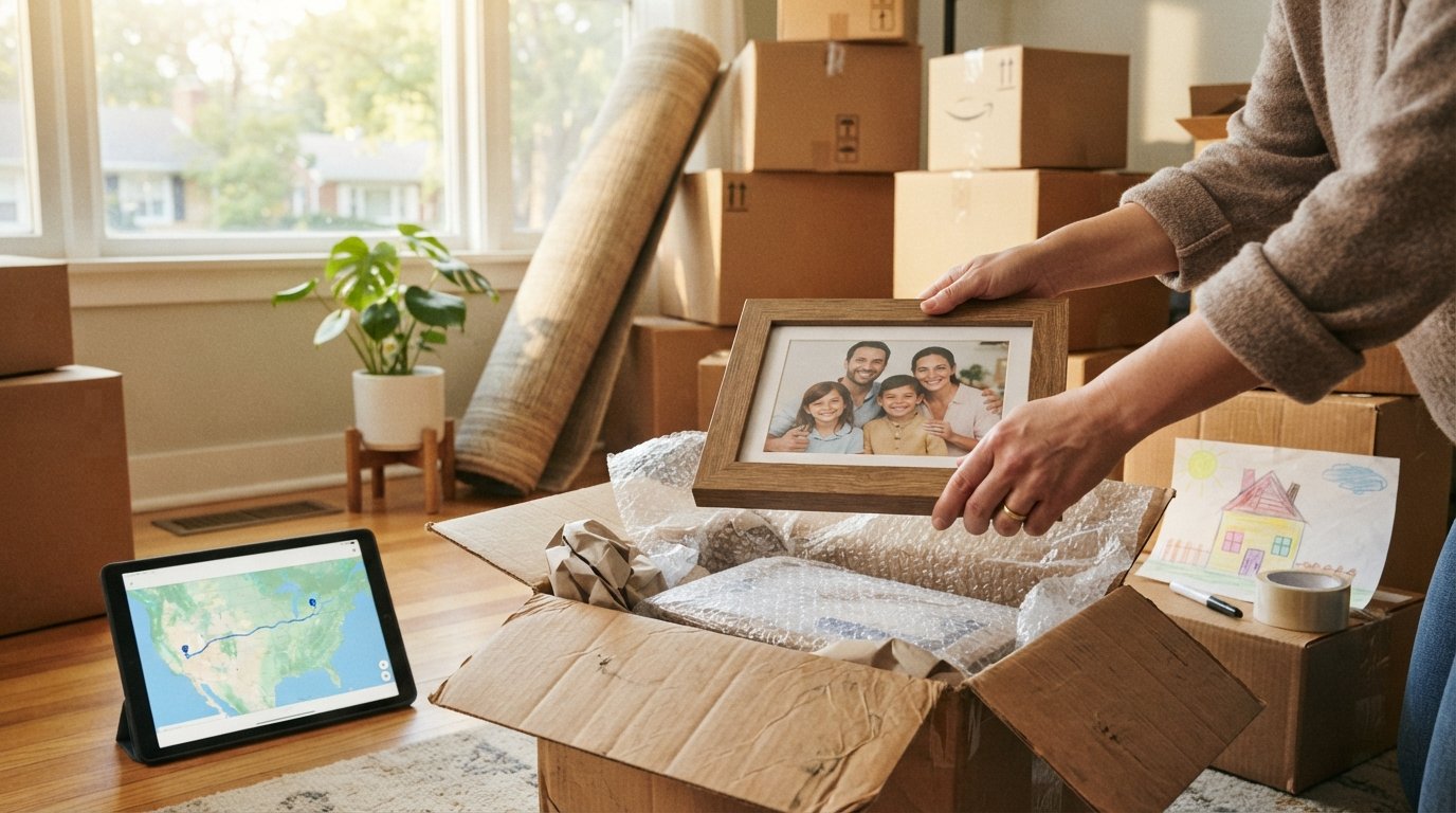Hands placing a framed family photo into a box with bubble wrap; tablet on floor shows a route map between states.