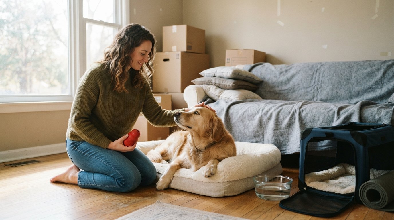 Woman in olive sweater kneels beside a relaxed golden retriever on a plush bed, holding a red toy, with packed boxes and a…