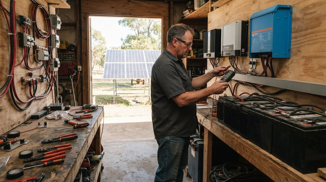 Technician in safety glasses testing wiring on two solar charge controllers mounted beside deep-cycle batteries in a rural…