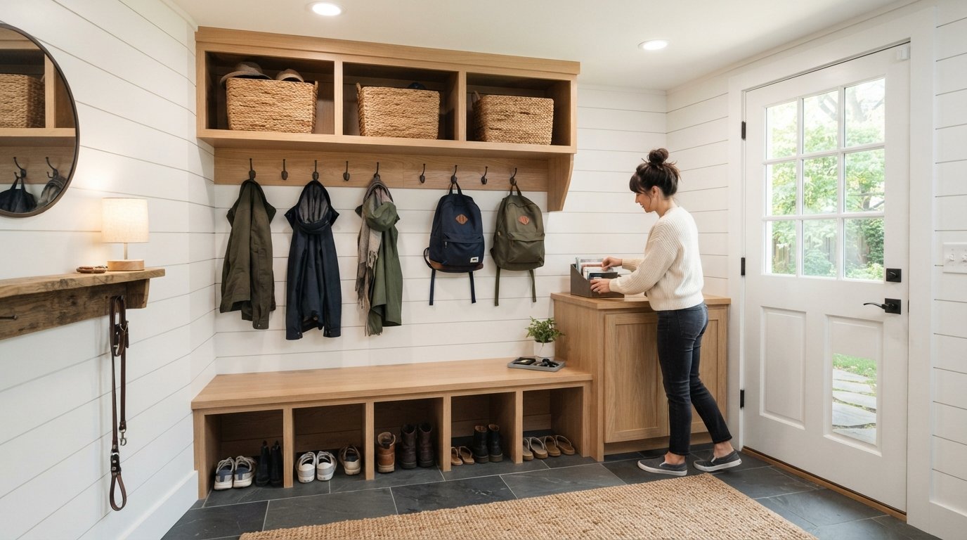 Homeowner organizing shoes and coats in a finished mudroom with a light oak bench, cubbies, metal hooks, woven baskets, and…