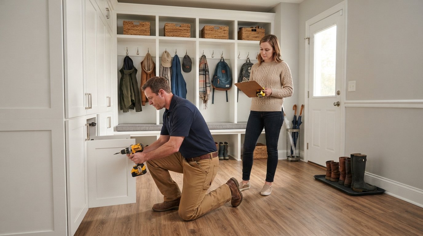 Bright mudroom with white built-in lockers, open cubbies with baskets, cushioned bench, wood-look floor, and a contractor…