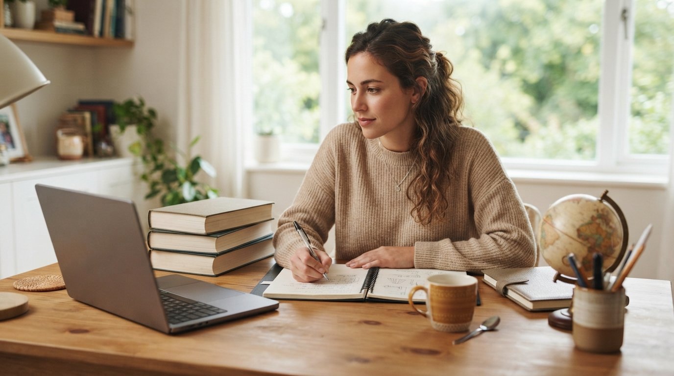 Young adult in a sweater writing notes at a wooden desk with an open laptop, textbooks, coffee mug, and a sunlit window…