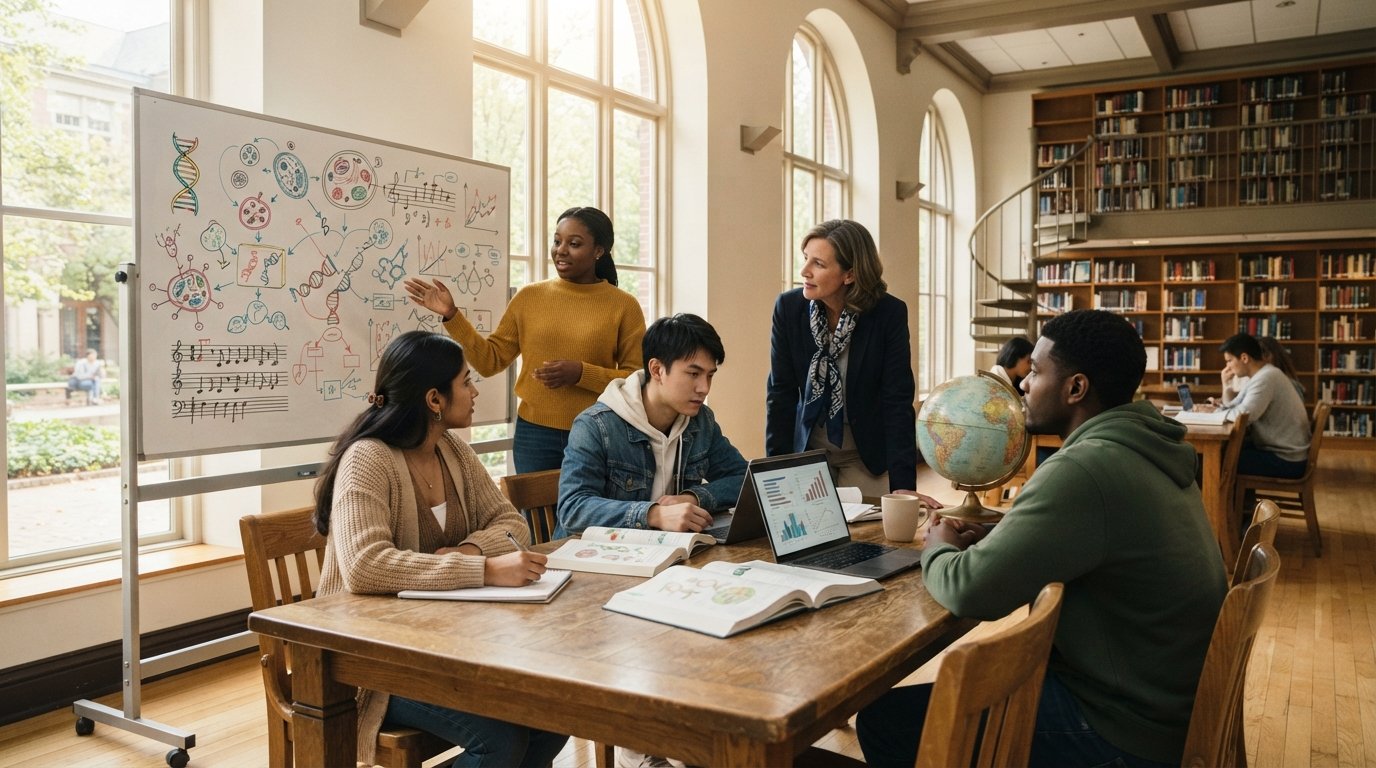 Diverse college students around a wooden table with textbooks, notebooks, a laptop, and a globe while one gestures toward a…