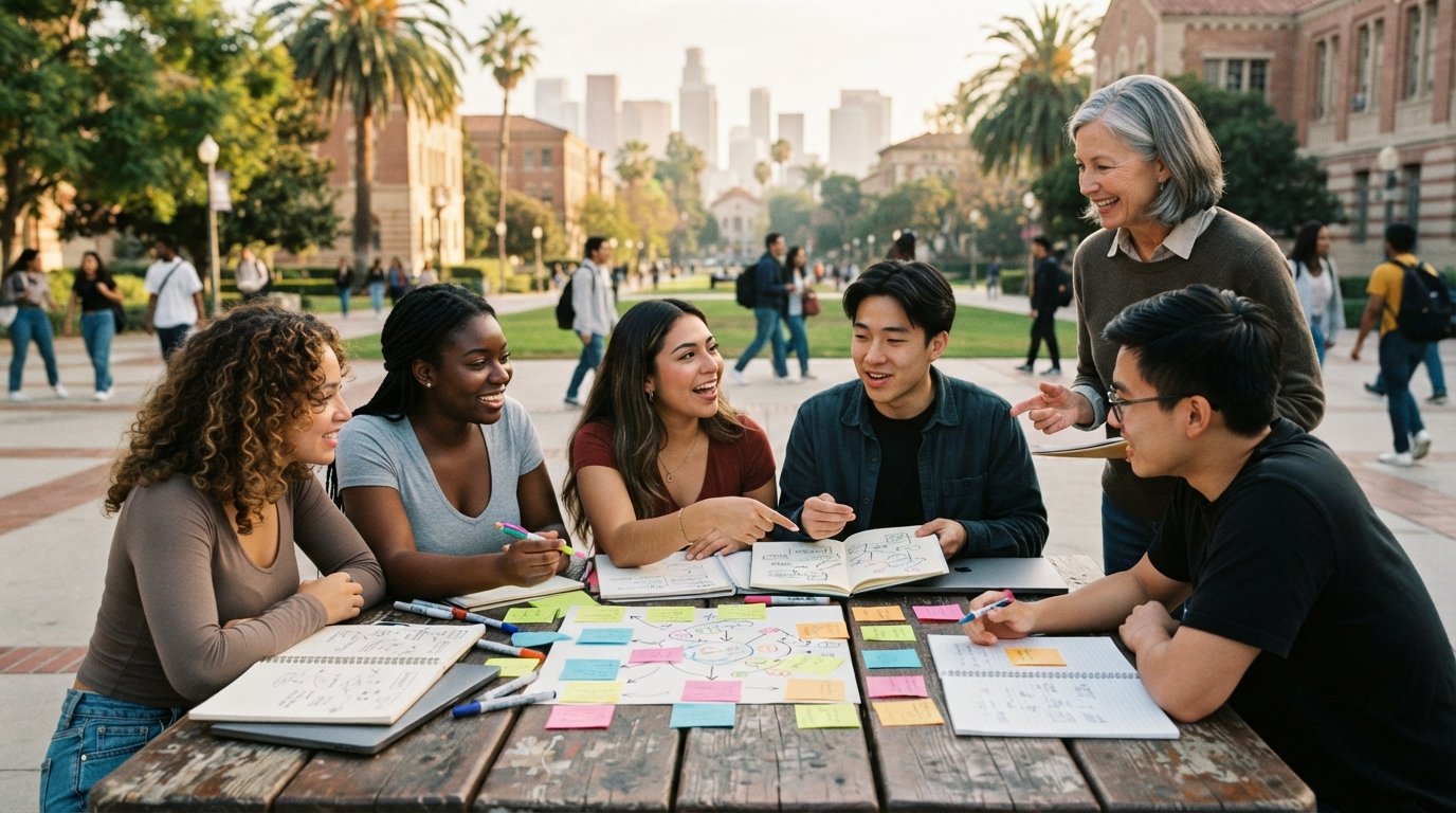 Diverse students arrange sticky notes and notebooks linking sociology, public health, and urban planning diagrams at a…