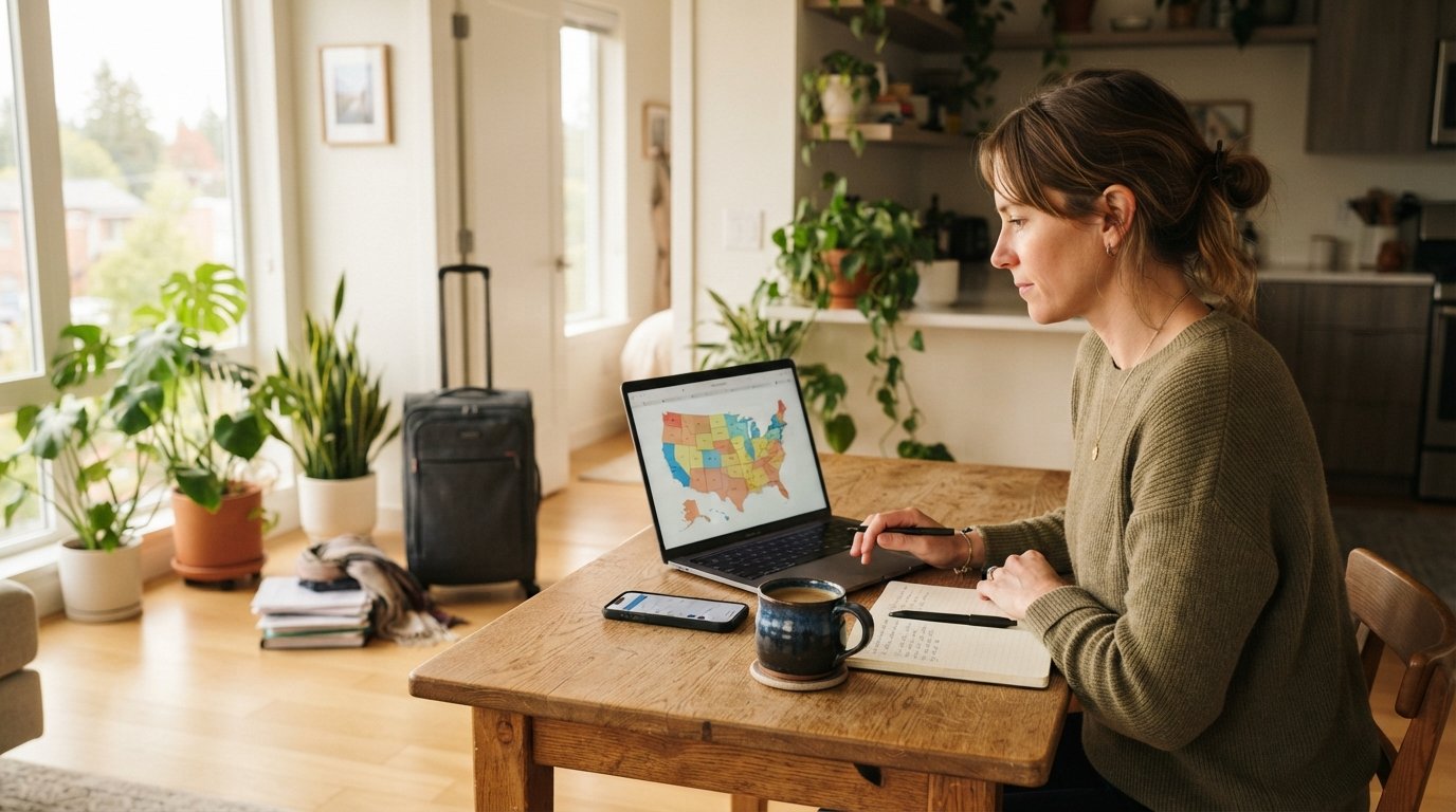 Remote worker at a sunlit kitchen table with a laptop showing a U.S. map, smartphone, coffee mug, and notebook, with a…