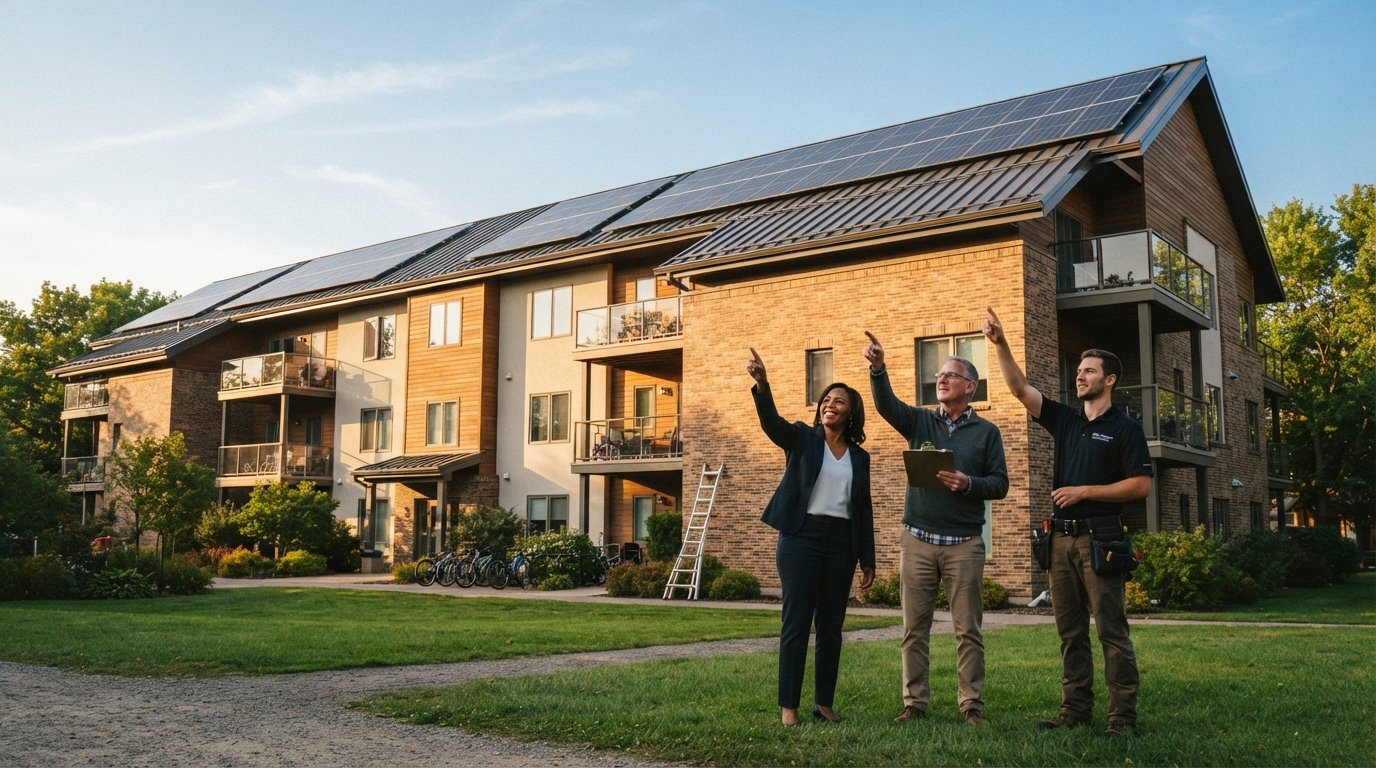 Three adults point toward solar panels on the roofline of a mid-sized apartment building on a sunny afternoon