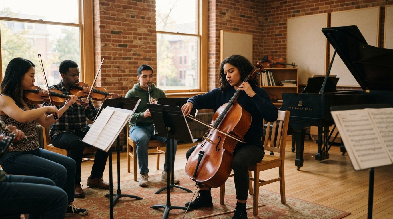 College student in a navy sweater plays cello in a brick rehearsal room as violinists and a clarinetist rehearse beside a…