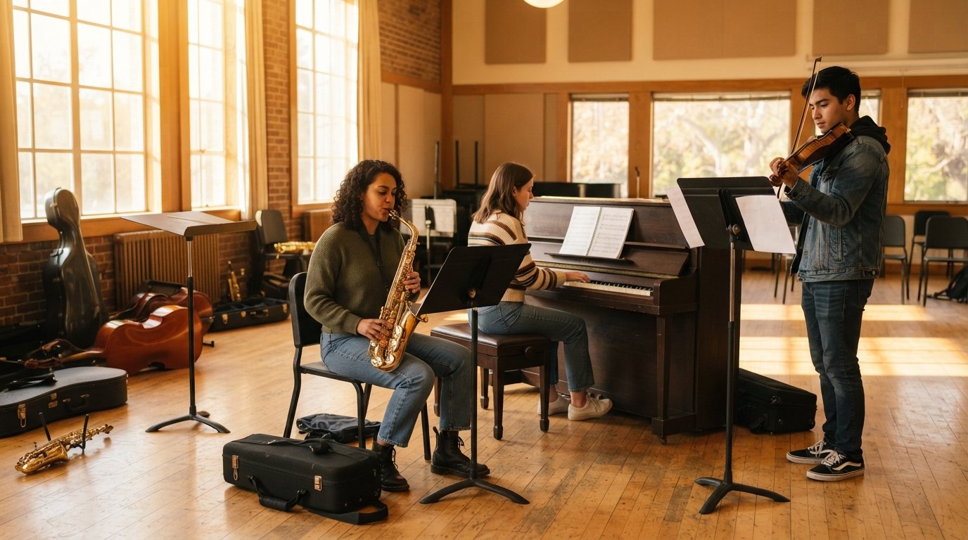 College music students rehearsing together in a sunlit hall, one playing saxophone, one at an upright piano, and one…