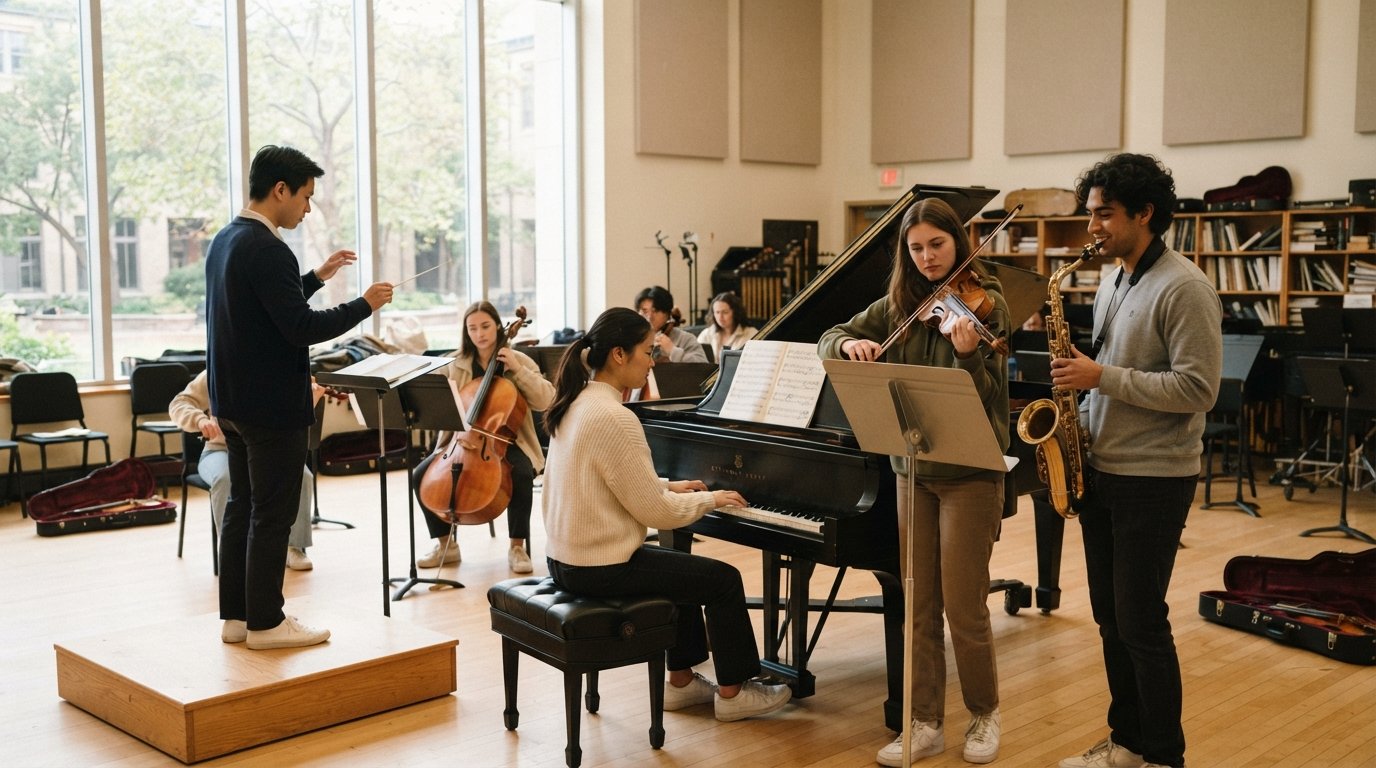 College music students rehearsing in a bright hall, one at a grand piano, others holding violins and a saxophone near music…