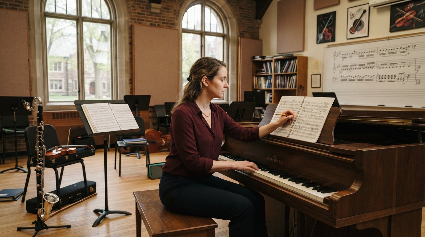 Music teacher in a burgundy blouse studies a conducting score at an upright piano in a sunlit conservatory classroom with a…