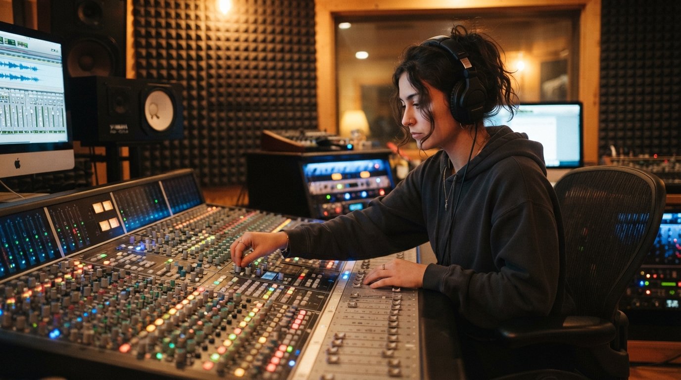Student wearing headphones adjusts knobs on a large analog mixing console in a recording studio, with glowing DAW screen,…