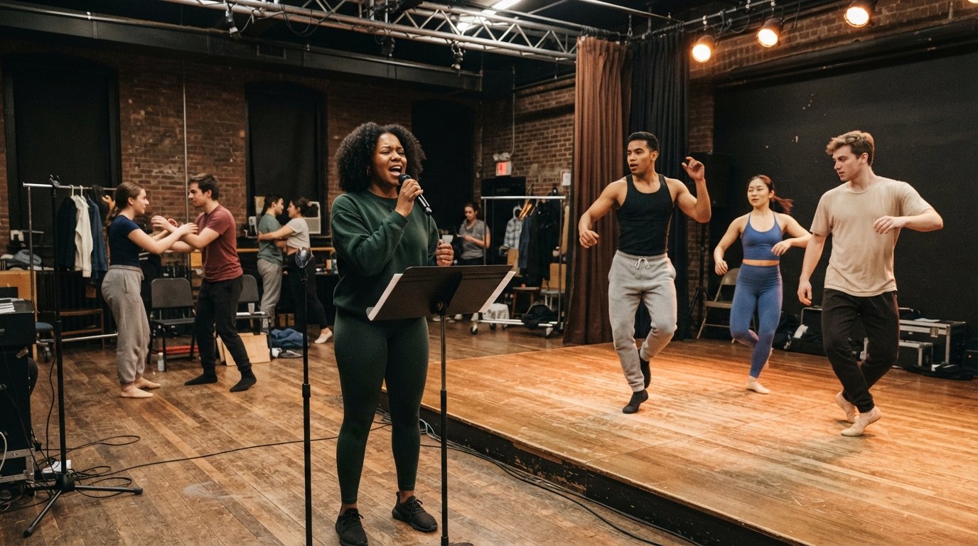 College-age performers rehearse in a bright studio with wooden floors and exposed brick, one singing into a microphone…