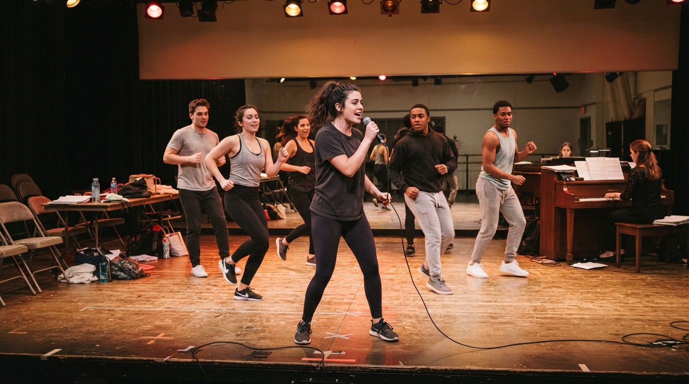 Young performers in casual clothes rehearse a musical number on a community college stage, one singing into a microphone…