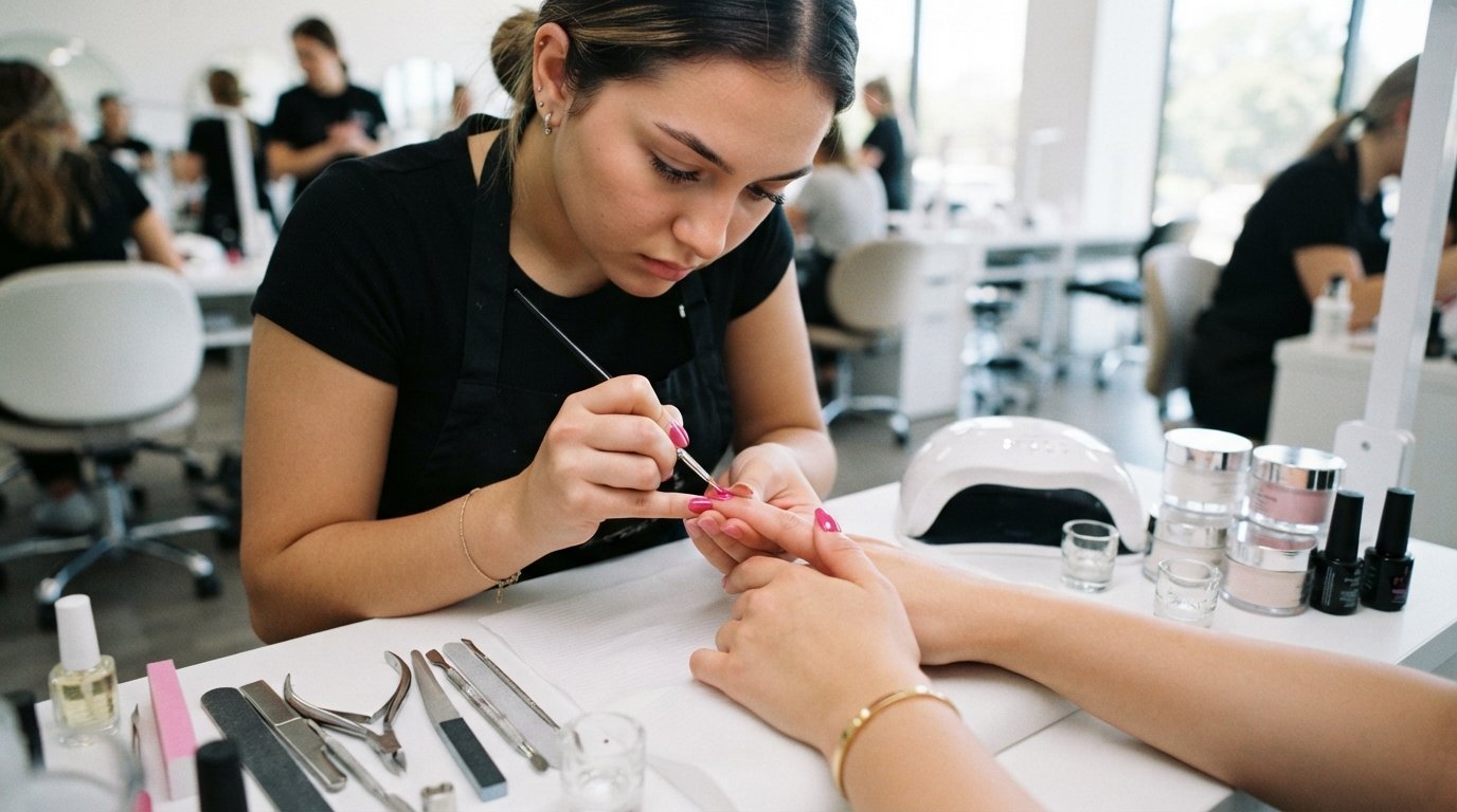 Student carefully applying glossy pink gel polish to a client's nails at a white salon workstation with steel manicure…
