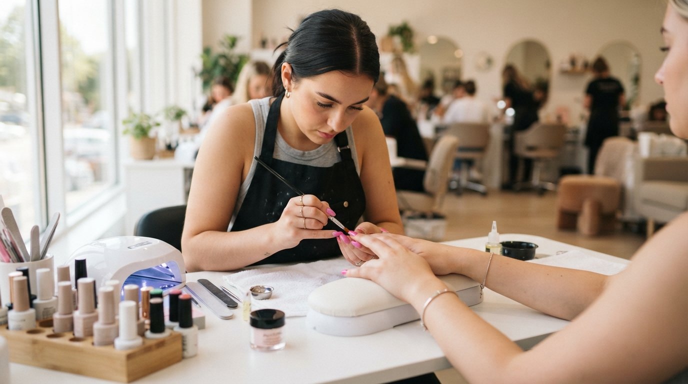 Nail technician student in black apron applying glossy pink acrylic to a client's nails with a fine brush at a bright…