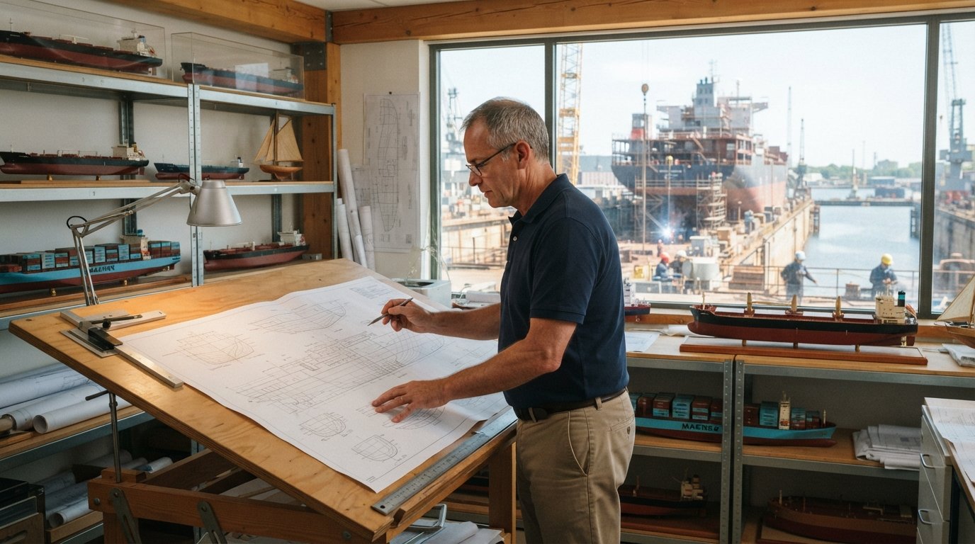 Naval architect in navy polo and khakis examines a ship hull blueprint at a drafting table, with scale models and a harbor…