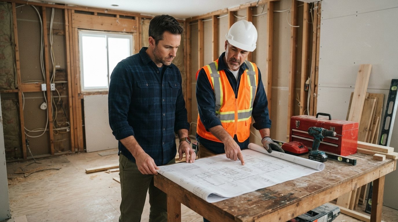 Homeowner and contractor in hard hat review blueprints at a wooden table in a partially renovated kitchen with exposed…