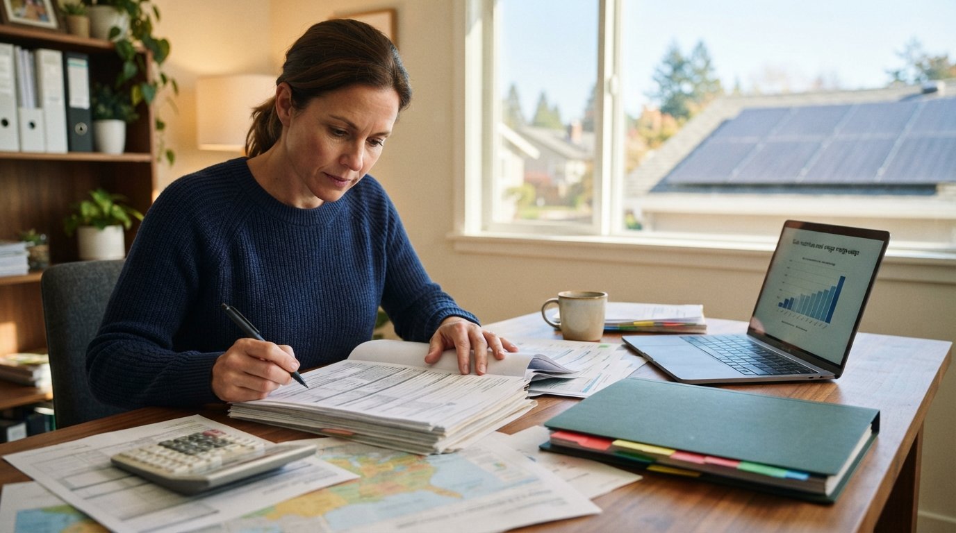 Homeowner reviewing solar rebate forms at a wooden desk with a calculator, laptop, and tabbed folder, sunlight on rooftop…