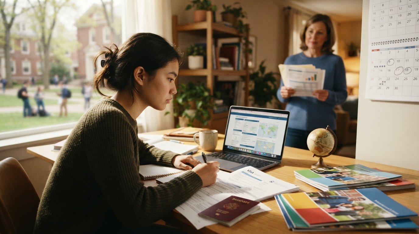International student in a sweater at a sunlit desk with a passport, visa papers, laptop, globe, and university brochures…