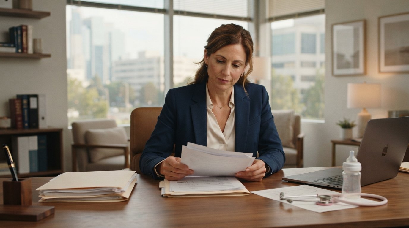Female attorney in a navy blazer reviews legal papers at a wooden desk beside a small feeding bottle and stethoscope in a…