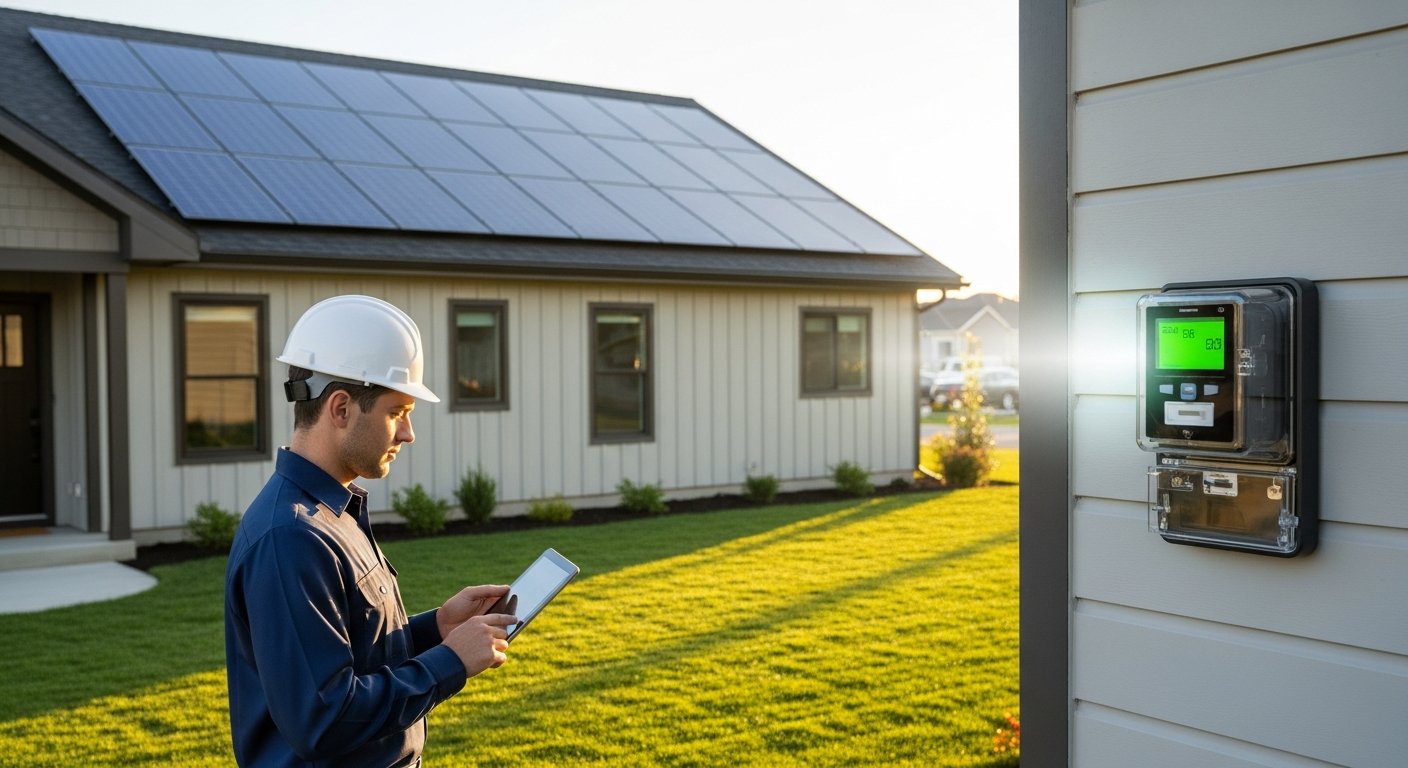 Electrician in navy uniform and white hard hat monitors a glowing smart meter on the wall of a suburban home with solar…