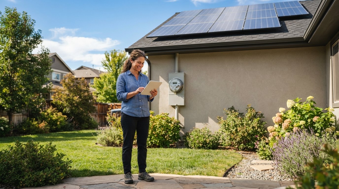 Homeowner in a sunny backyard holds a tablet beside rooftop solar panels and a two-way electric meter on the wall