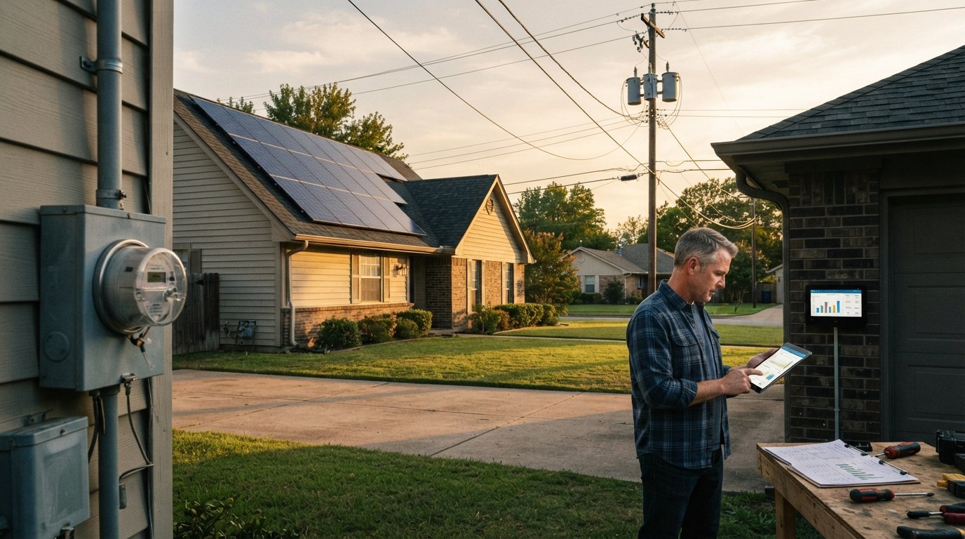Suburban home with rooftop solar panels, a smart meter on the wall, and a homeowner checking an electricity bill on a…
