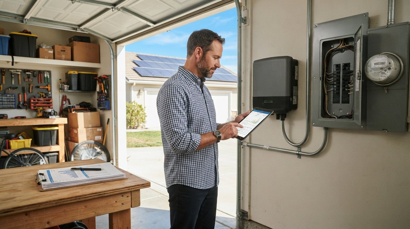 Homeowner in a garage checking a tablet next to a wall-mounted solar inverter, with an open electrical panel, utility…