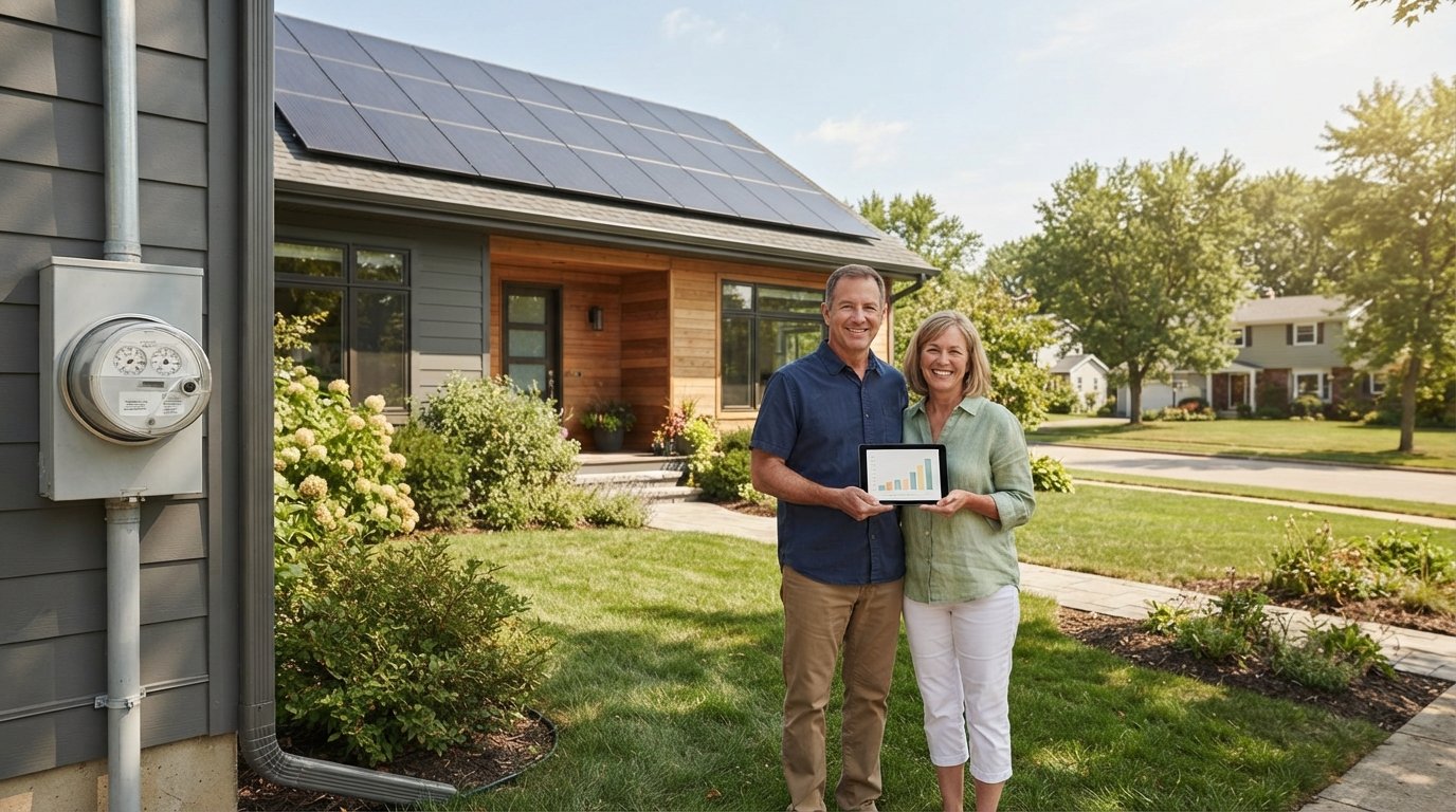 Modern suburban home with black solar panels on the roof; a couple on the lawn smiles while viewing a tablet showing an…